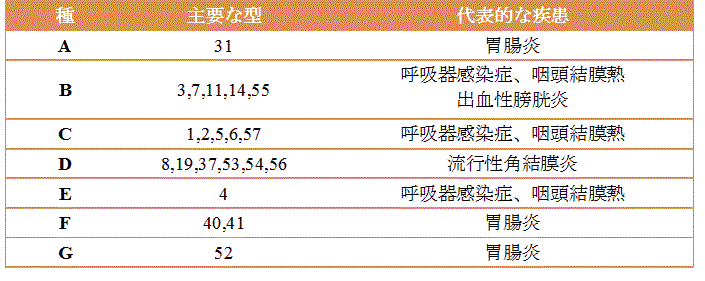 表. アデノウイルスの種と疾患